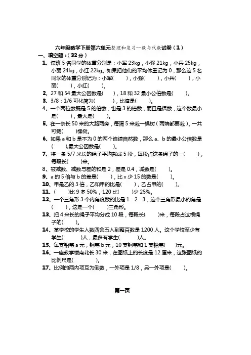 六年级数学下册第六单元《整理和复习--数与代数》试卷(1)
