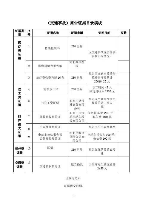 交通事故案件证据目录