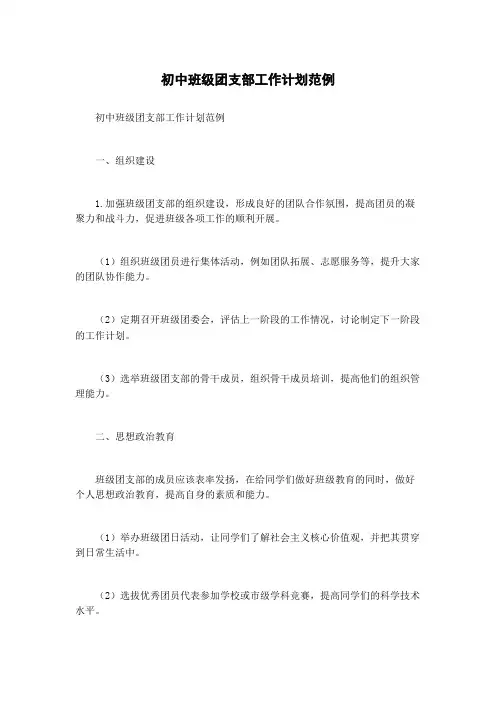 初中班级团支部工作计划范例