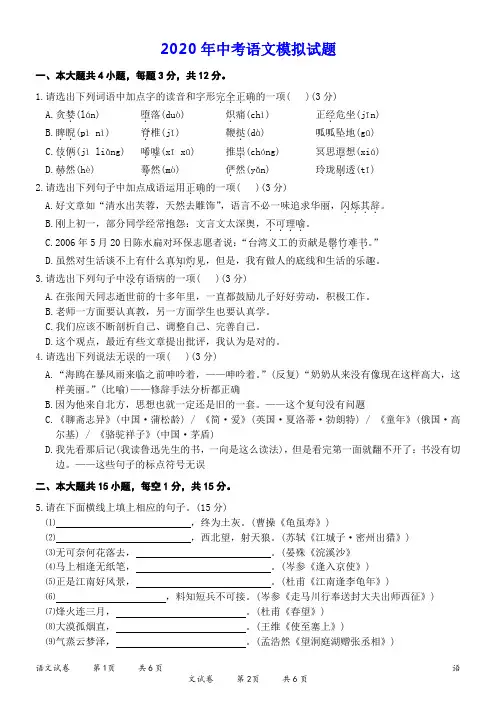 2020年中考语文模拟试题及答案