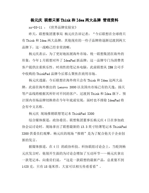 杨元庆 联想只要THINK和IDEA两大品牌 管理资料