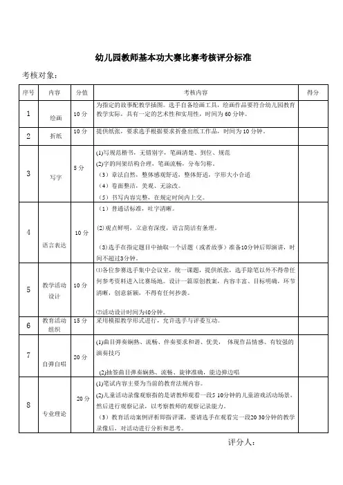 幼儿园教师基本功大赛比赛考核评分标准评分表