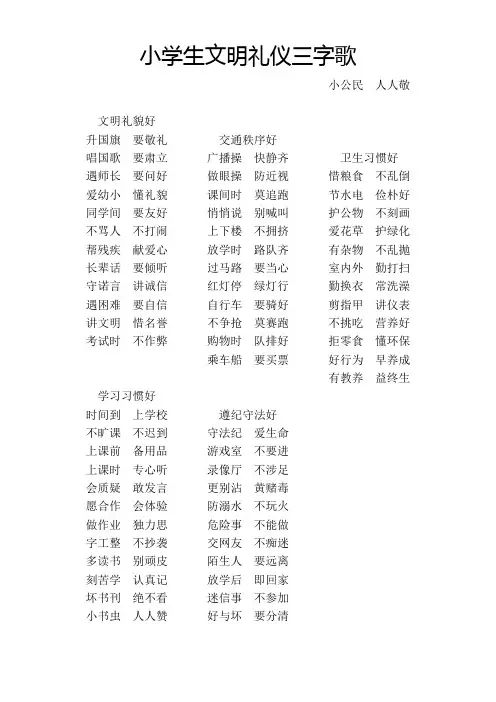 小学生五类文明礼仪三字歌