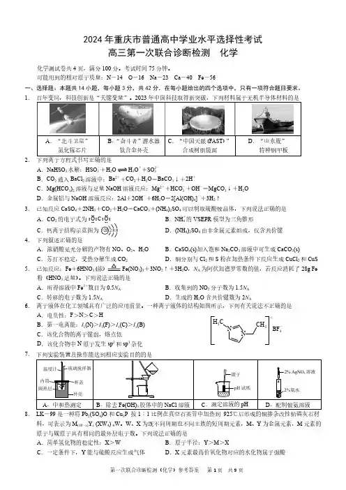 重庆市2024年高三年级高考一模化学试题(含答案)