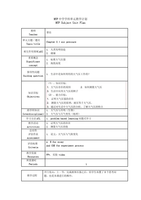 大气压强教学设计Teaching plan air pressure 广东碧桂园学校 覃结