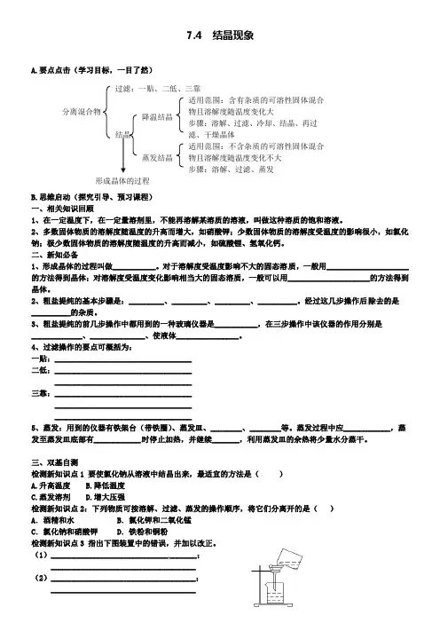 新版粤教版九年级化学下册7.4结晶现象学案