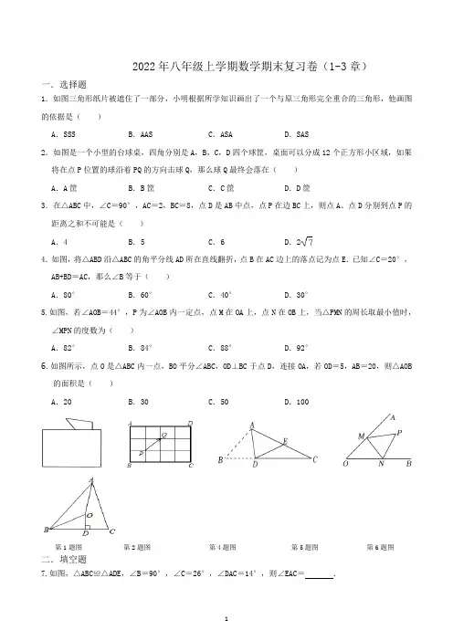 2022-2023学年苏科版八年级数学上册1-3章 期末复习卷