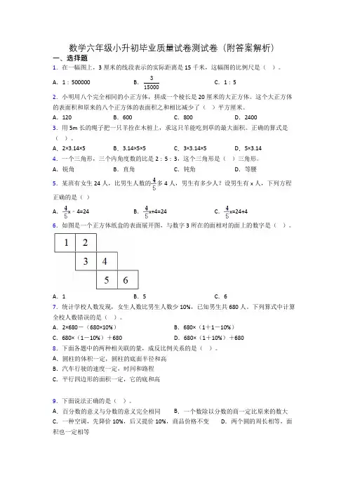 数学六年级小升初毕业质量试卷测试卷(附答案解析)