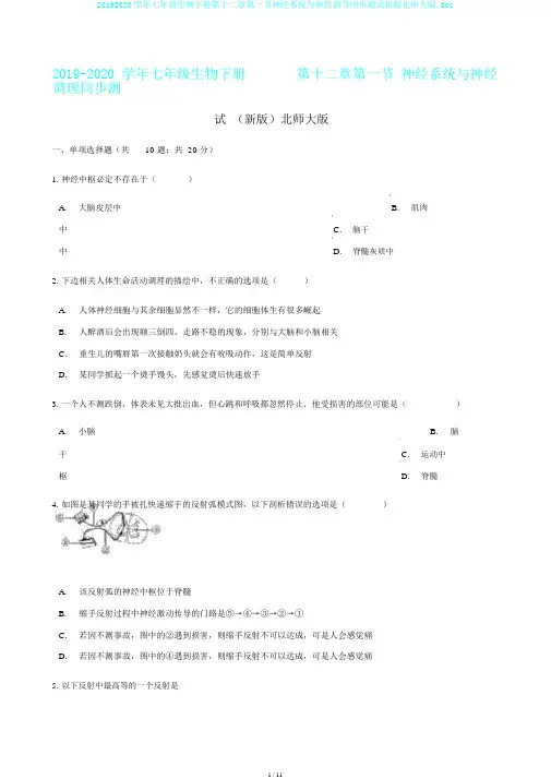 20192020学年七年级生物下册第十二章第一节神经系统与神经调节同步测试新版北师大版.doc