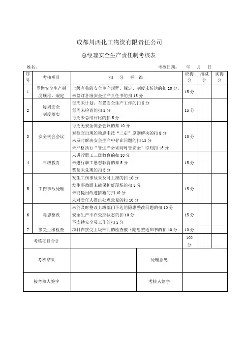 安全生产责任制考核记录表和汇总表