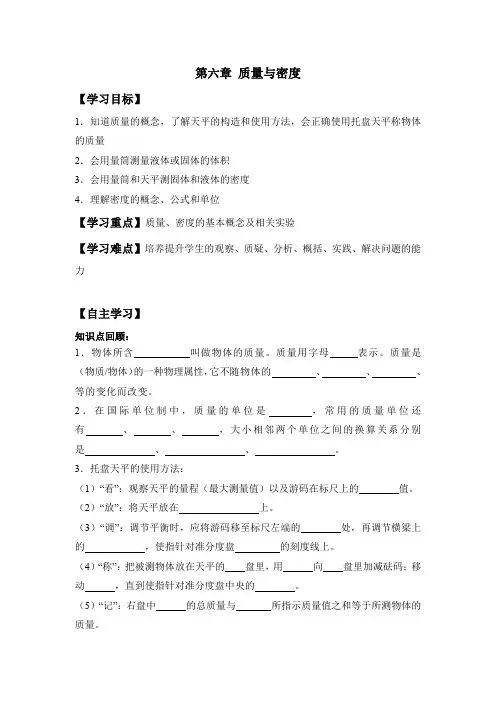 第六章    质量与密度复习导学案    人教版物理  八年级上册  