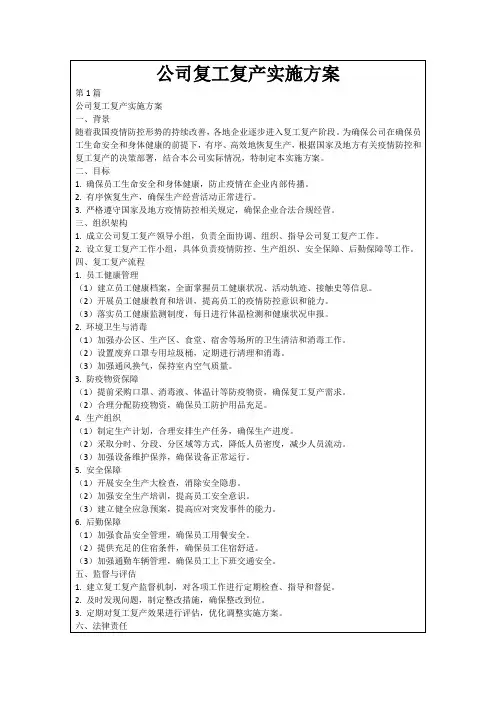 公司复工复产实施方案