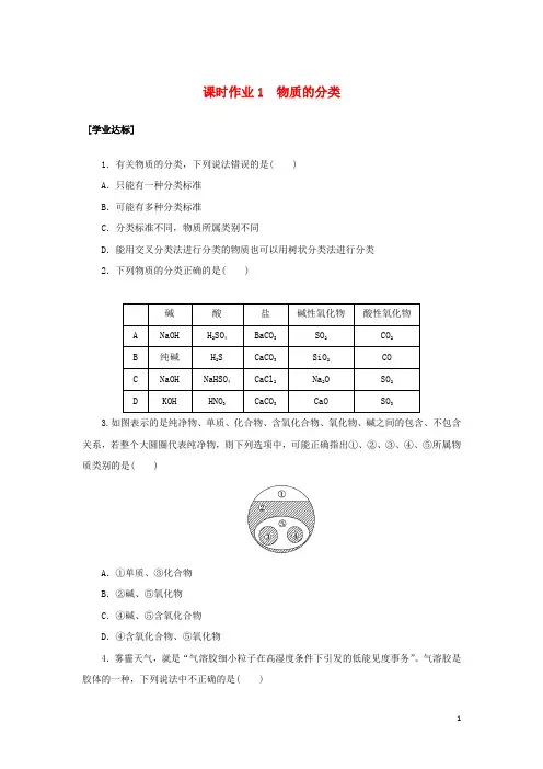 2024_2025学年新教材高中化学课时作业1物质的分类新人教版必修第一册