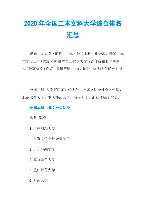 2020年全国二本文科大学综合排名汇总