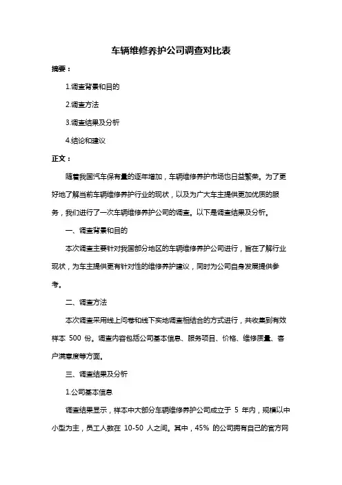 车辆维修养护公司调查对比表