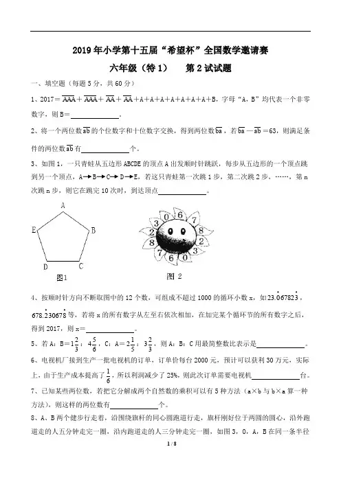 六年级下册数学试题-2017年希望杯邀请赛第2试试卷 通用版(含答案)