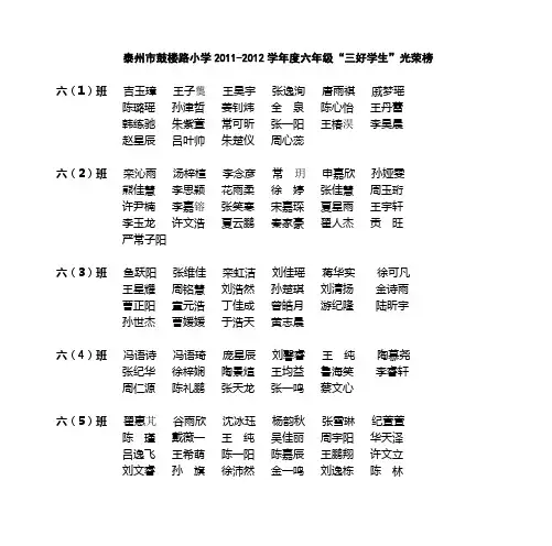 泰州市鼓楼路小学2011-2012学年度六年级“三好学生”光荣榜
