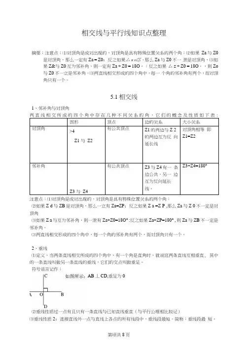 人教版初一数学下册第五章相交线与平行线知识点整理及思想方法归纳