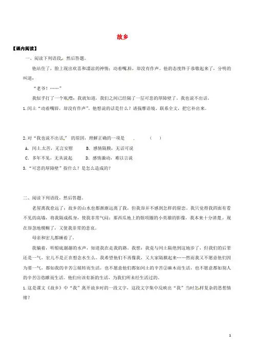 北大绿卡九年级语文上册 9《故乡》课时练习 (新版)新