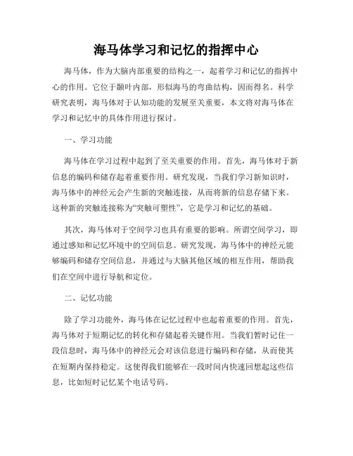 海马体学习和记忆的指挥中心