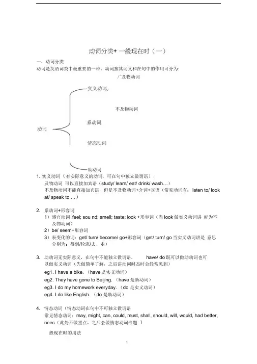 英语动词分类+动词时态之一般现在时(含练习)