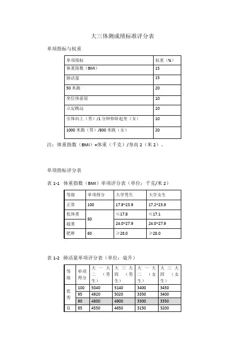 大三体测成绩标准评分表