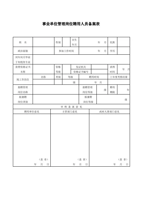 事业单位管理岗位聘用人员备案表