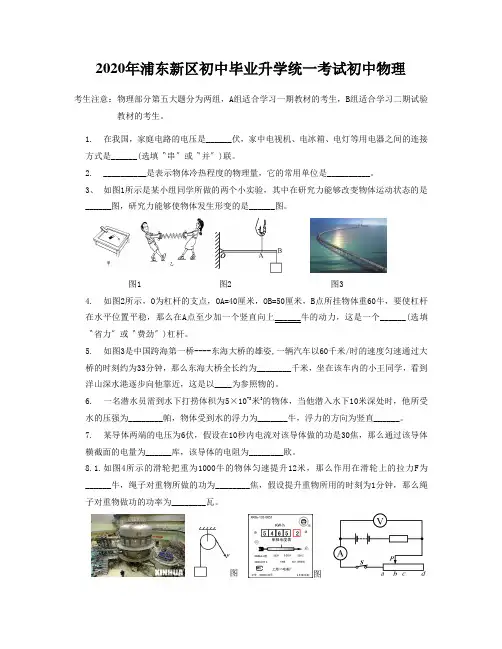2020年浦东新区初中毕业升学统一考试初中物理