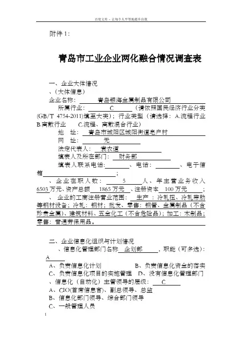 青岛市工业企业两化融合情况调查表