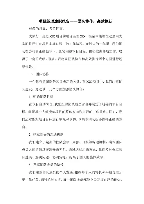 项目经理述职报告——团队协作,高效执行