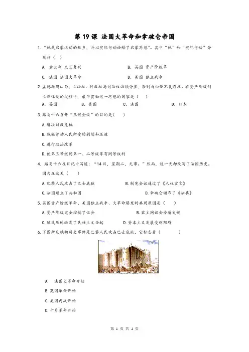 九年级上册历史名师课课练(含答案)第19课 法国大革命和拿破仑帝国