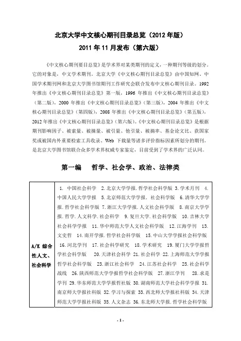 2012年北大中文核心期刊目录(第六版)