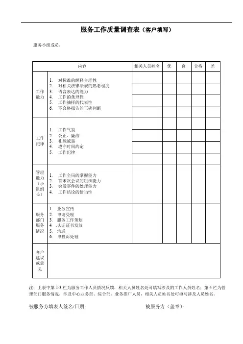 服务工作质量调查表(客户填写)模板(推荐)