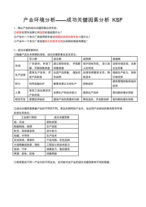 产业环境分析——成功关键因素分析 KSF