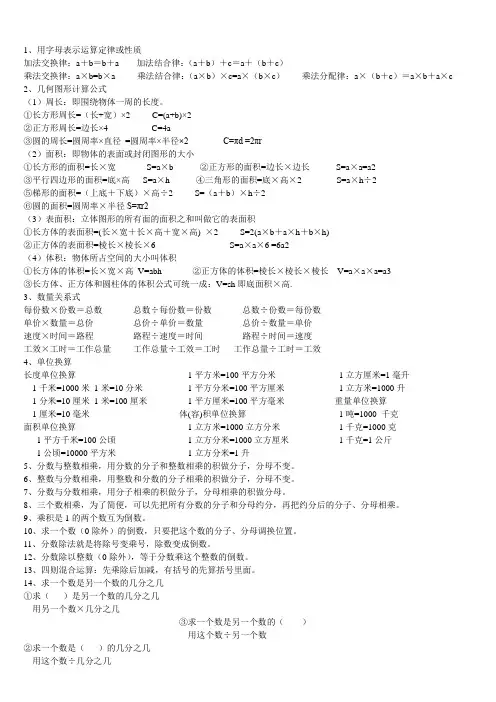 苏教版六年级数学学习用到公式汇总