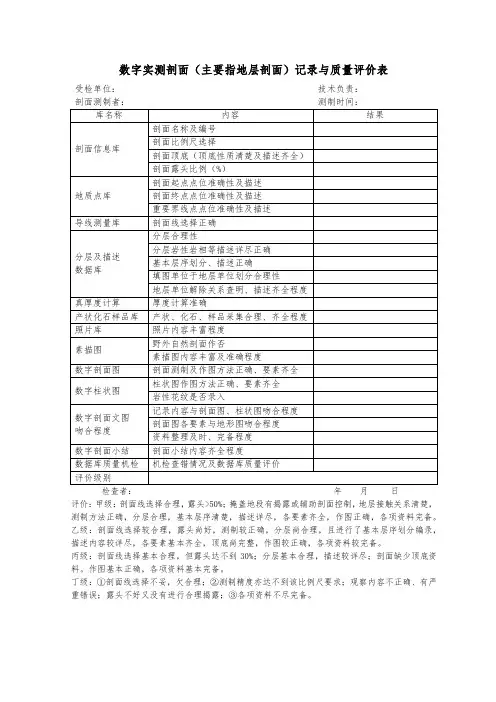 数字实测剖面(主要指地层剖面)记录与质量评价表