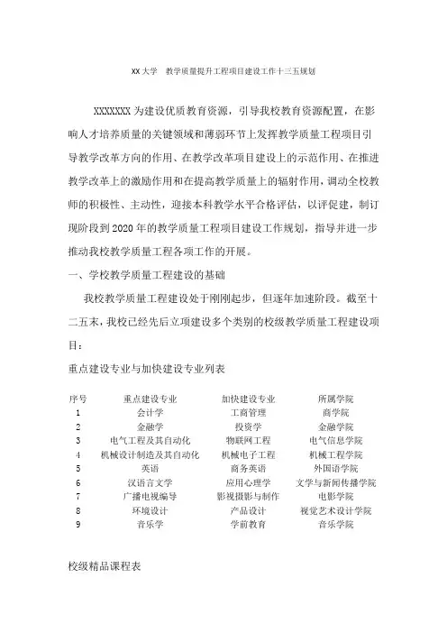 XX大学--教学质量提升工程项目建设工作十三五规划