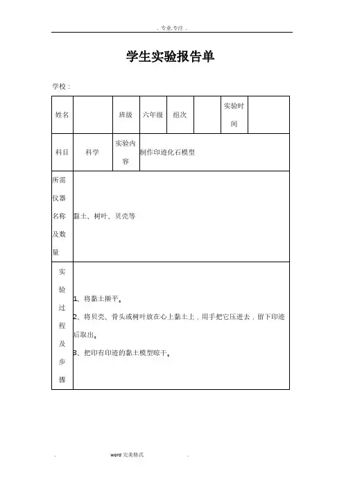 苏版小学六年级(下册)科学实验报告单