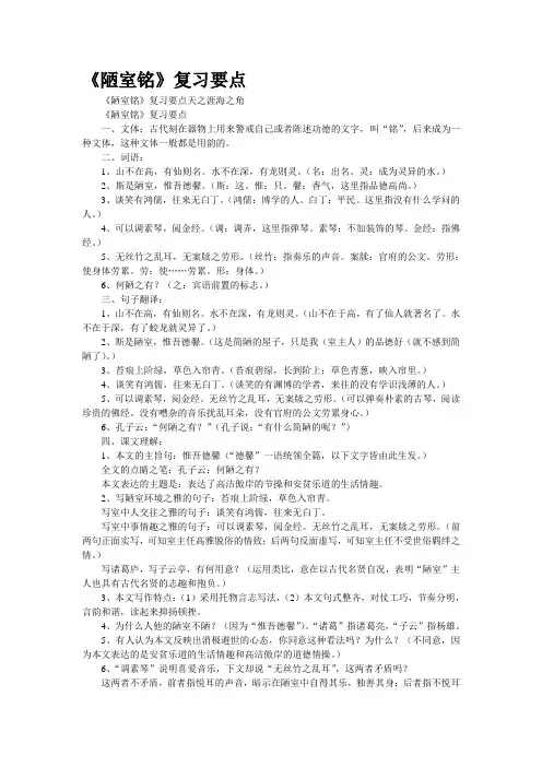《陋室铭》复习要点