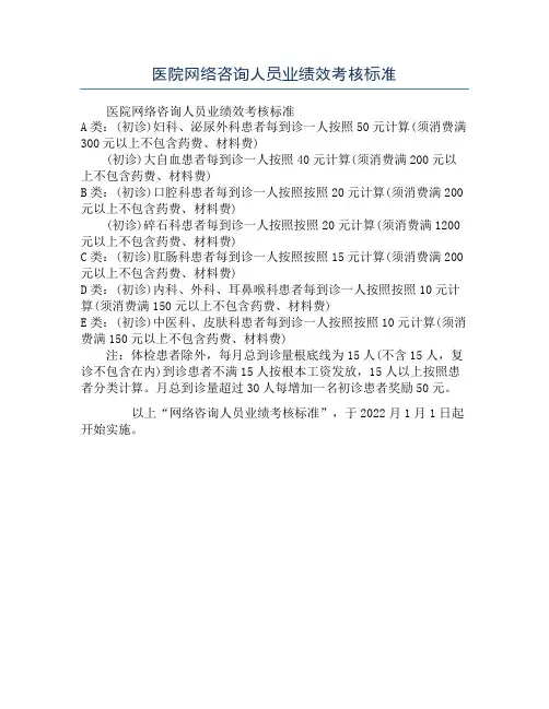 医院网络咨询人员业绩效考核标准