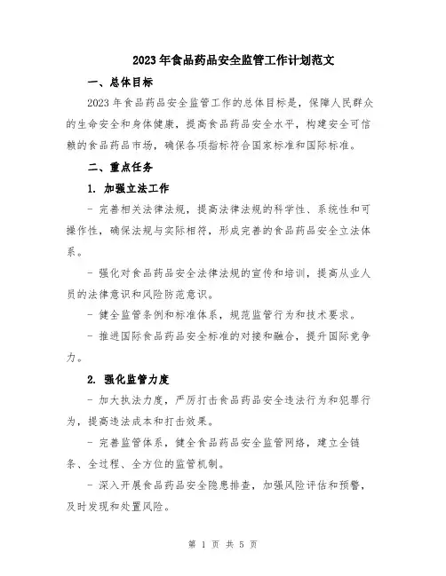 2023年食品药品安全监管工作计划范文