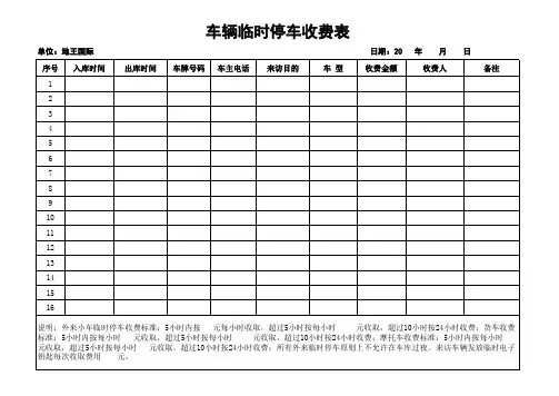 车辆临时停车收费表