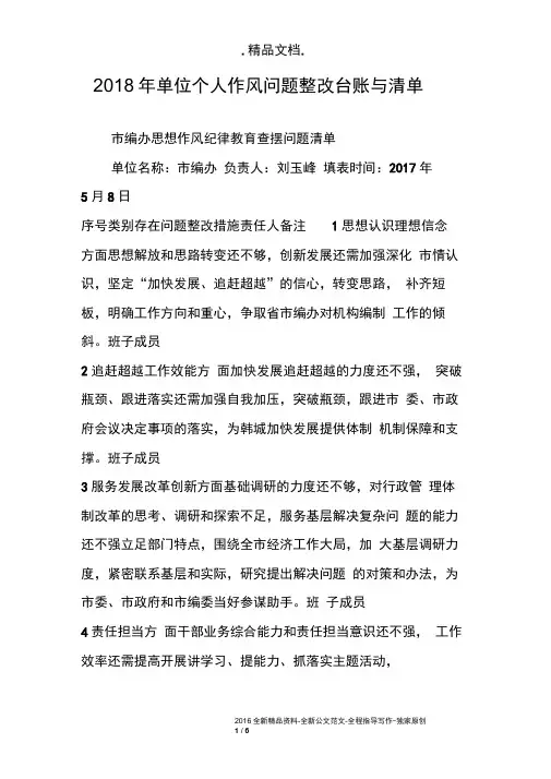 2018年单位个人作风问题整改台账与清单