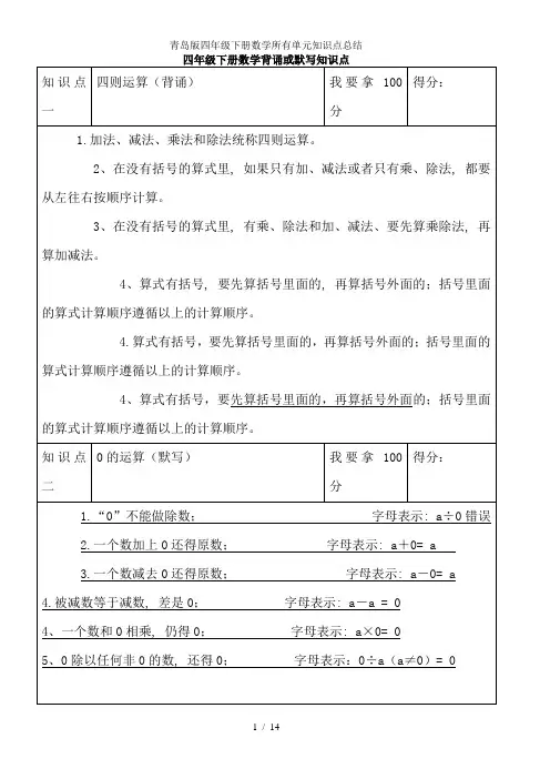 青岛版四年级下册数学所有单元知识点总结