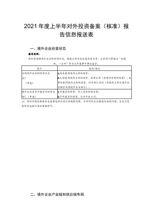 2021年度上半年对外投资备案核准报告信息报送表