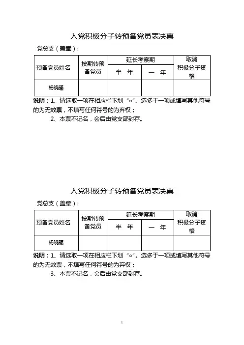 积极分子预备党员表决票