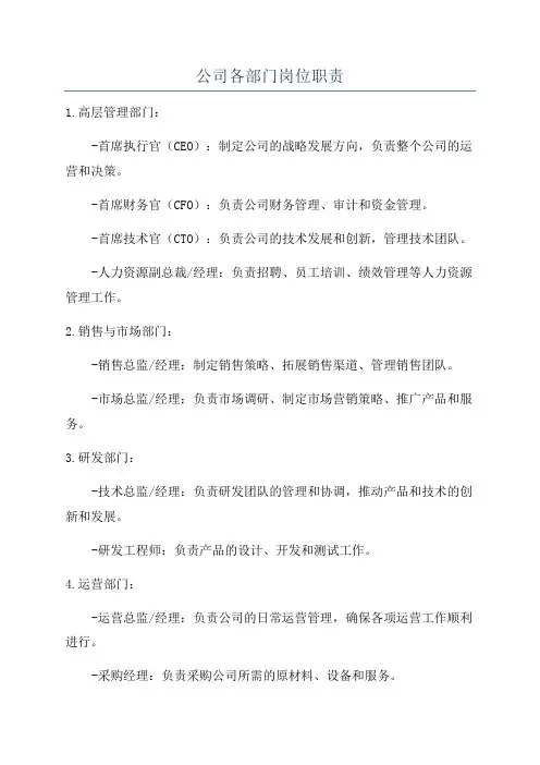 公司各部门岗位职责
