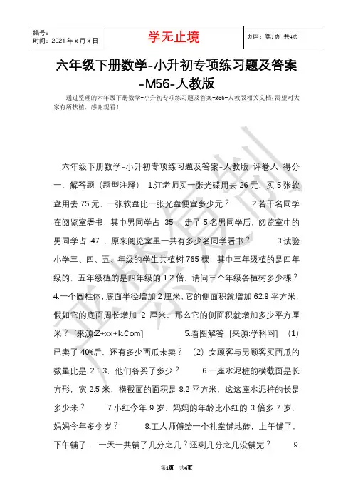 六年级下册数学-小升初专项练习题及答案-M56-人教版(Word最新版)