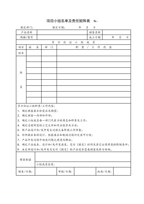 项目小组名单及责任矩阵表