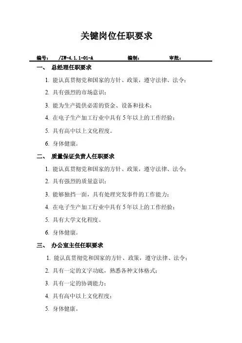 关键岗位任职要求